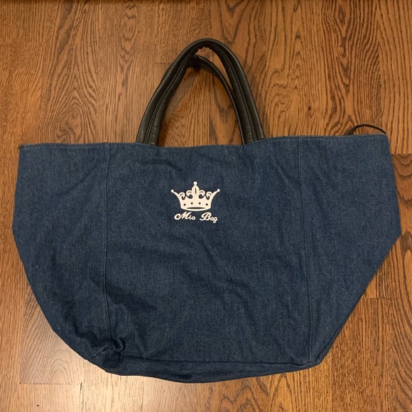 Large denim shopping bag w/ white stripe and stars - Picture 5 of 6